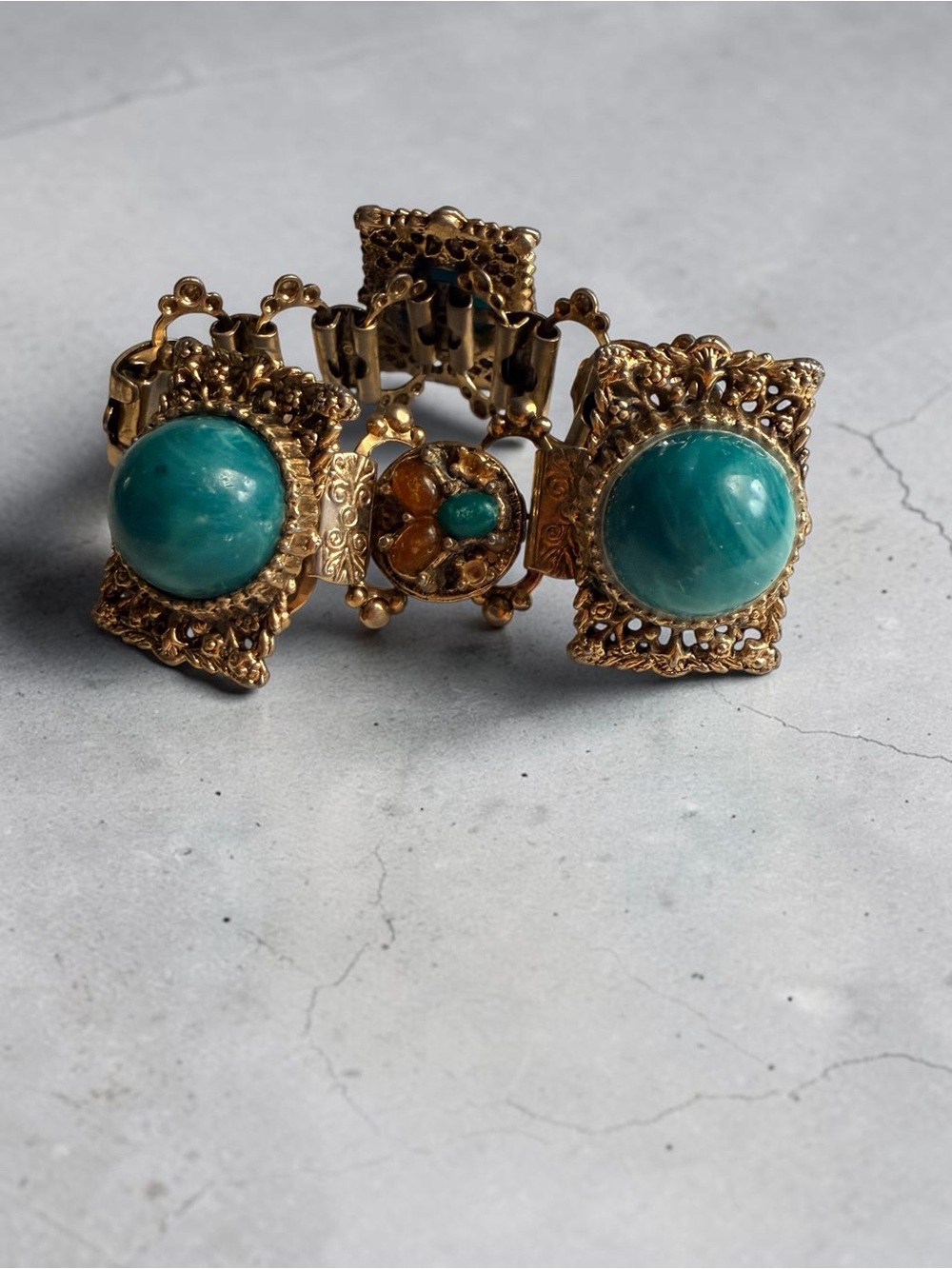 Vintage Ornate Gold Bracelet with Teal Cabochons